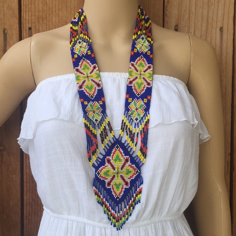 Mexican hand beaded necklace set with earrings